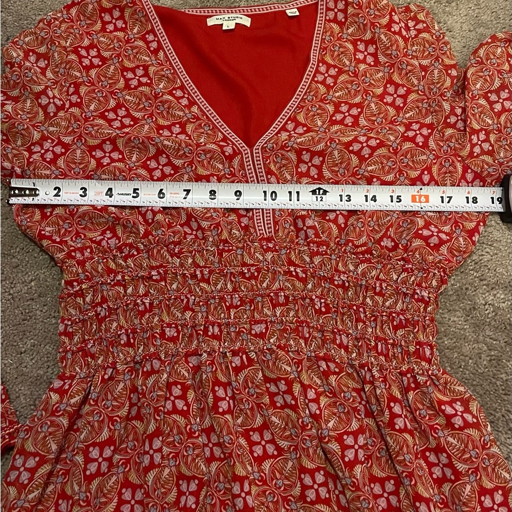 Max Studio London Women's L  Red Boho Paisley Smocked Ruffle dresses - Picture 11 of 15